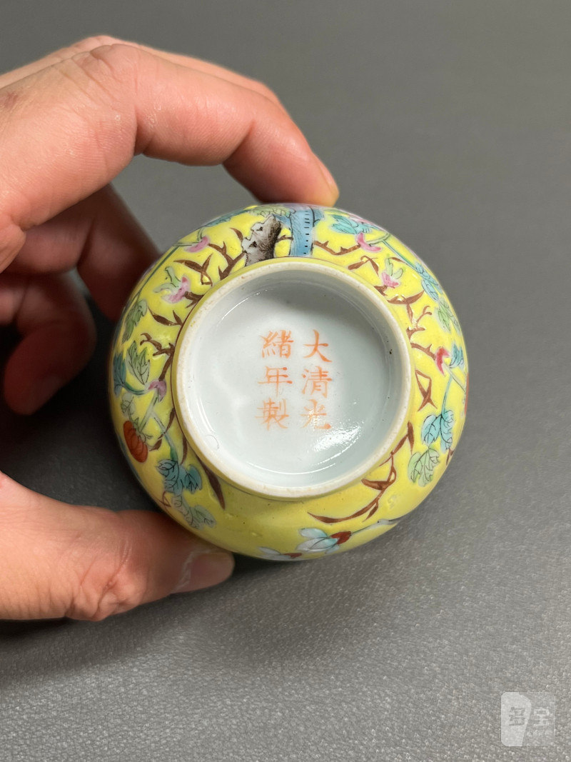清光绪  黄地粉彩花鸟纹杯 - 图13